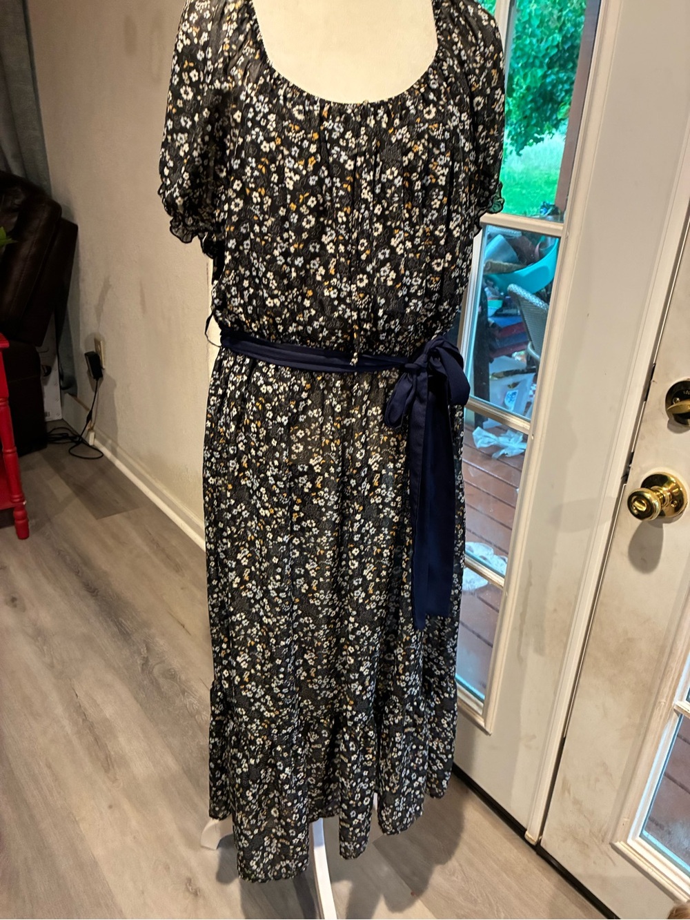 Wallflower Navy Floral Midi Dress with Puff Sleeves and Sash